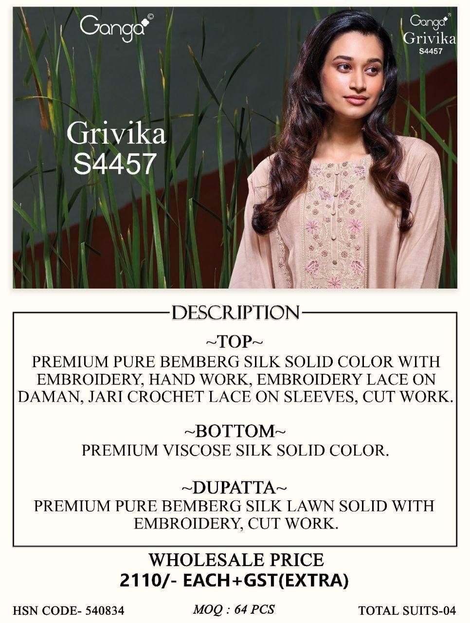 GRIVIKA 4457 by GANGA FASHION 4457A TO 4457D SERIES Stylish Beautiful Colourful PREMIUM PURE BEMBERG Dresses At Wholesale Price